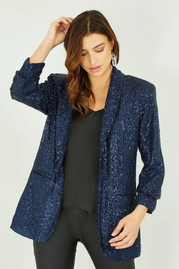 Navy Sequin Blazer With Pockets