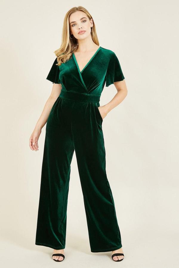 Green Angel Sleeve Velvet Jumpsuit