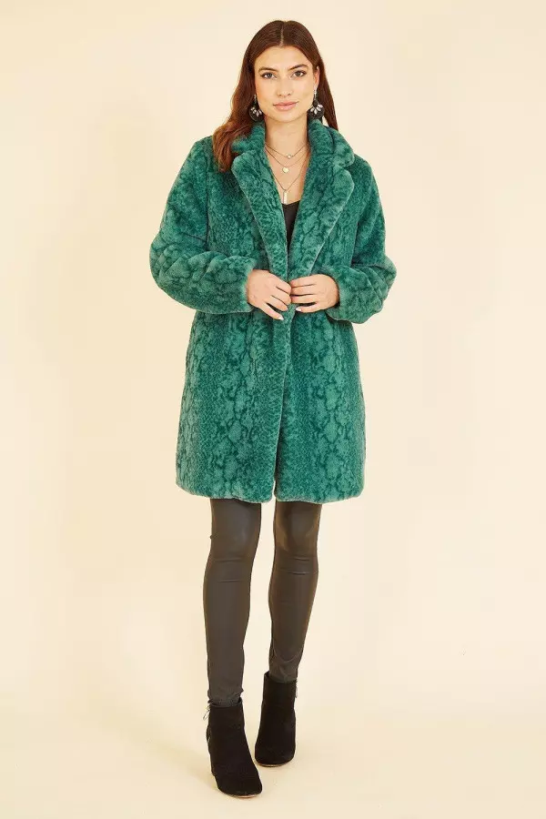 Green Snakeskin Print Faux Fur Coat