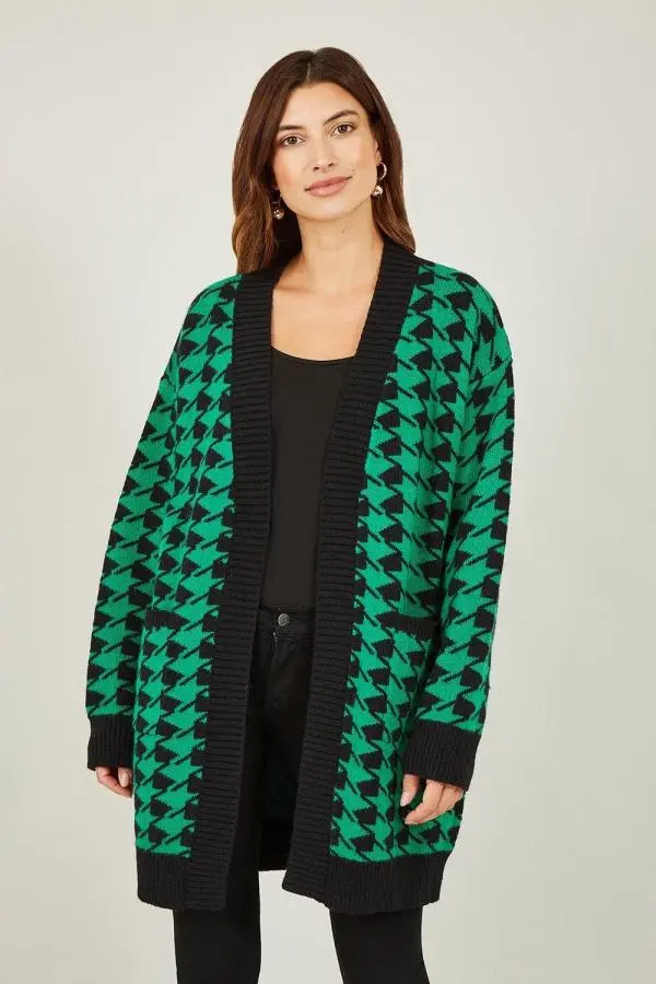 Green Dogtooth Intarsia Knit Long Cardigan