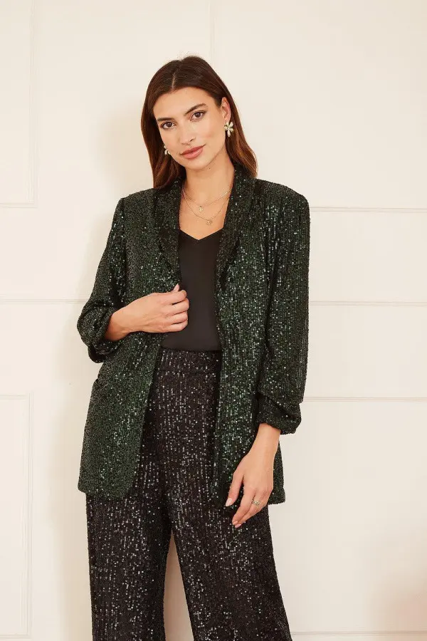 Green Sequin Blazer With Pockets