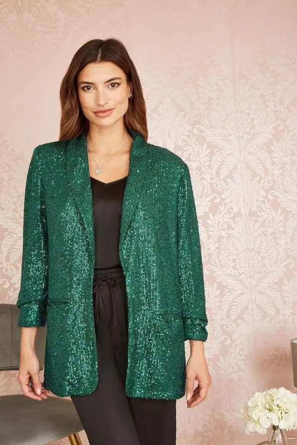 Green Sequin Blazer With Pockets