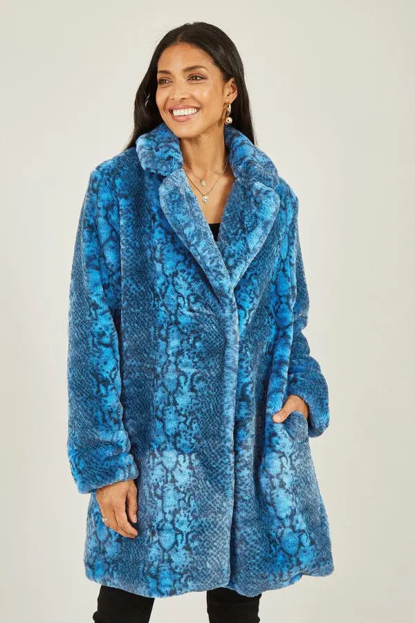 Blue Snakeskin Print Faux Fur Coat