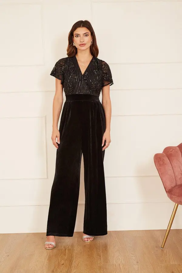 Black Sequin Embellished Velvet Jumpsuit With Angel Sleeves