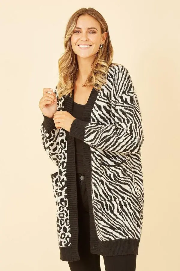 Zebra and Leopard Print Knitted Intarsia Cardigan