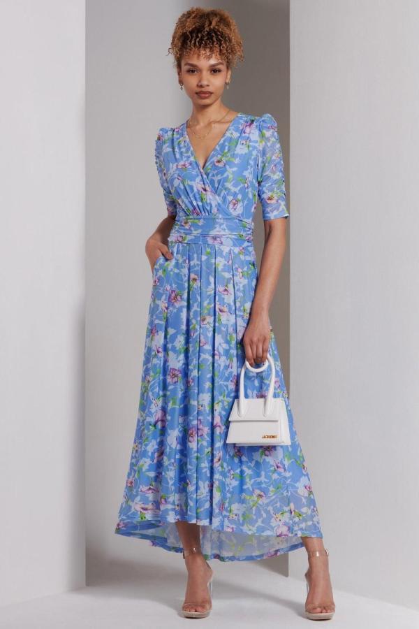 Print Dip Hem Mesh Maxi Dress