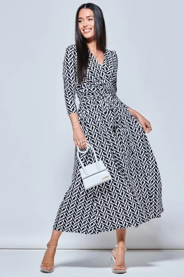 Geometric Print Long Sleeve Maxi Dress