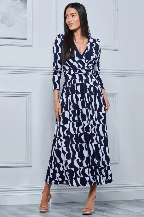 Geometric Print Long Sleeve Maxi Dress