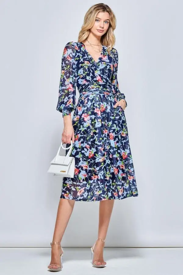 Floral Long Sleeve Mesh Midi Dress