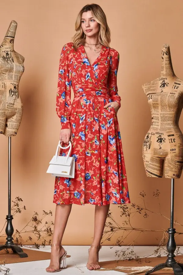 Floral Long Sleeve Mesh Midi Dress