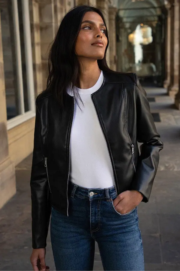 'Bazzar' Collarless PU Faux Leather Jacket