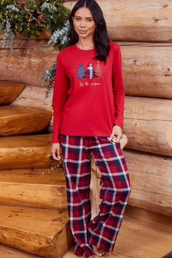 'Season' Cotton Check Long Sleeve Christmas Pyjama Set