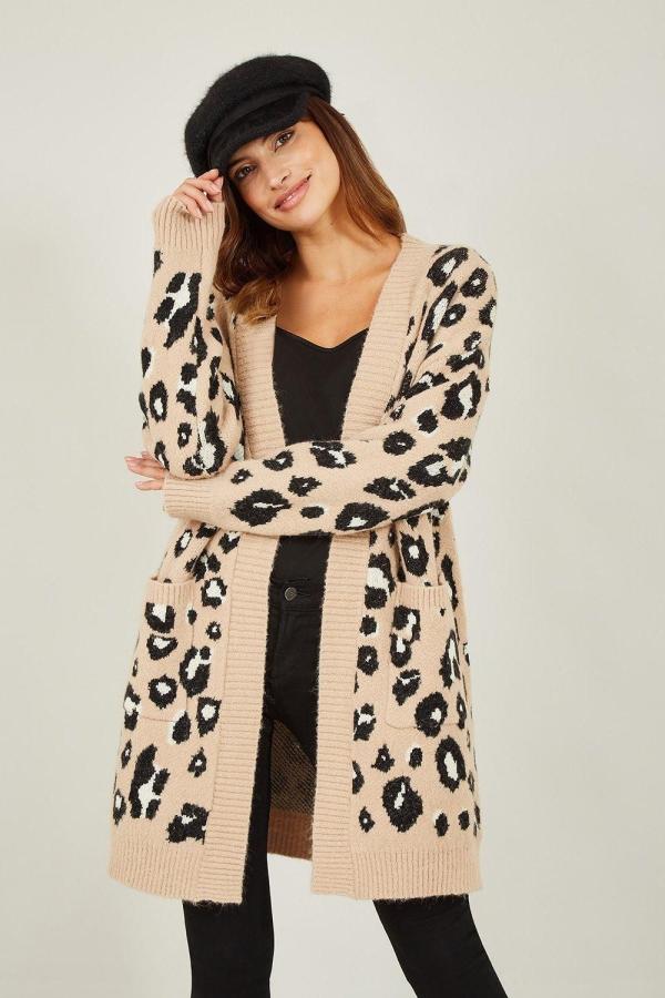 Beige Animal Print Intarsia Knit Long Cardigan