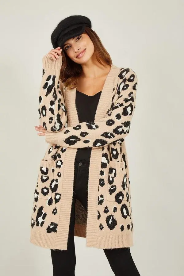 Beige Animal Print Intarsia Knit Long Cardigan