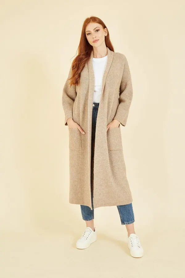 Oatmeal Knitted Maxi Cardigan With Pockets