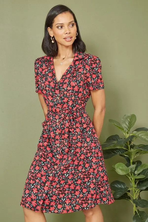 Red Poppy Print Retro Shirt Dress