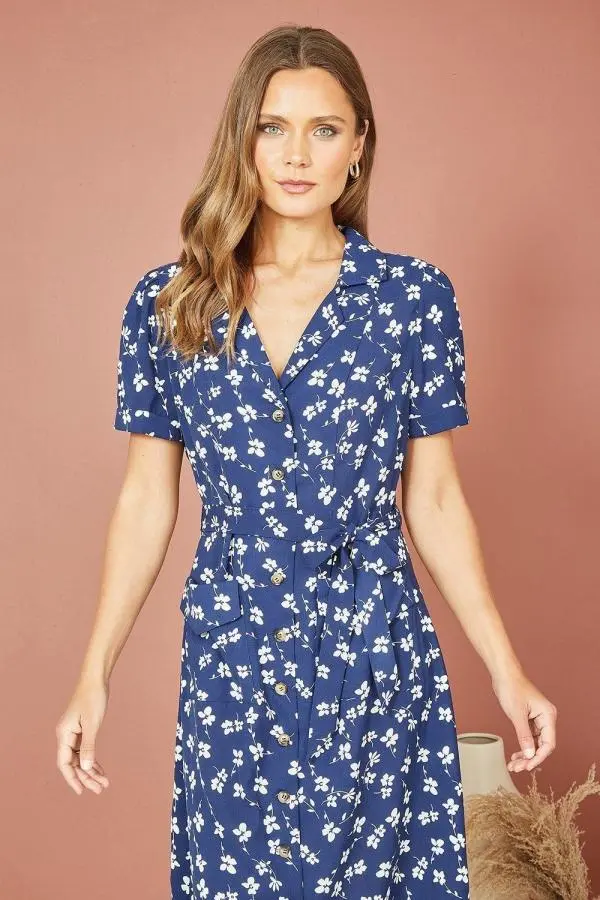 Navy Daisy Print Retro Shirt Dress