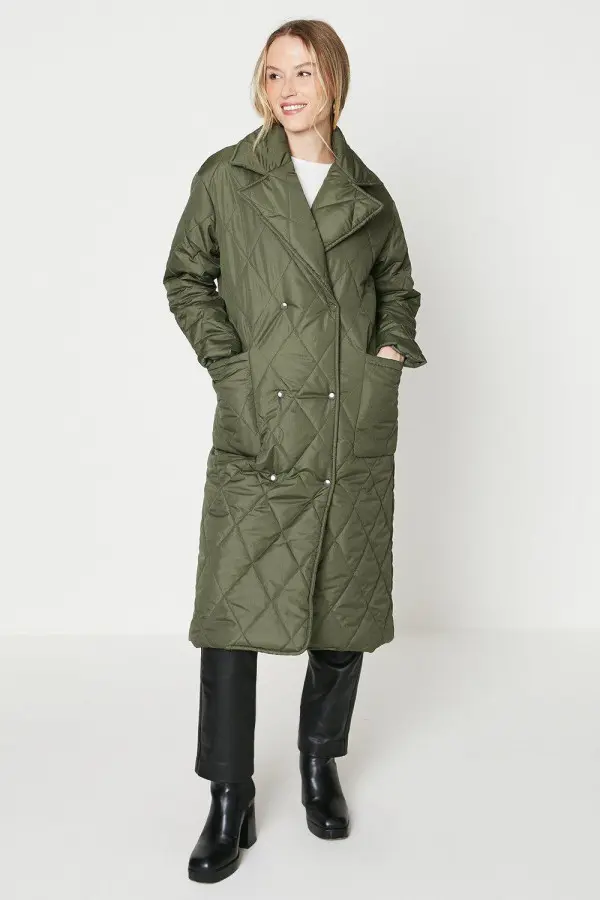 Quilted Collared Button Through Midi Coat