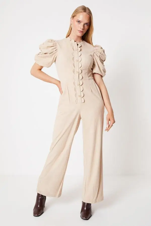 Cord Scallop Edge Puff Sleeve  Jumpsuit