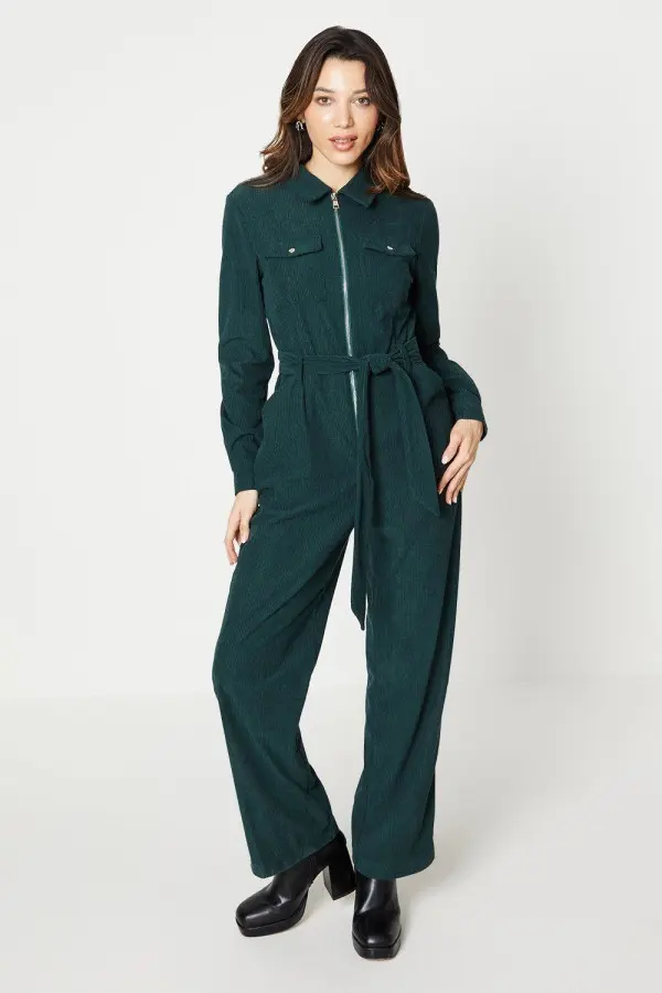 Cord Zip Front Belted Boilersuit