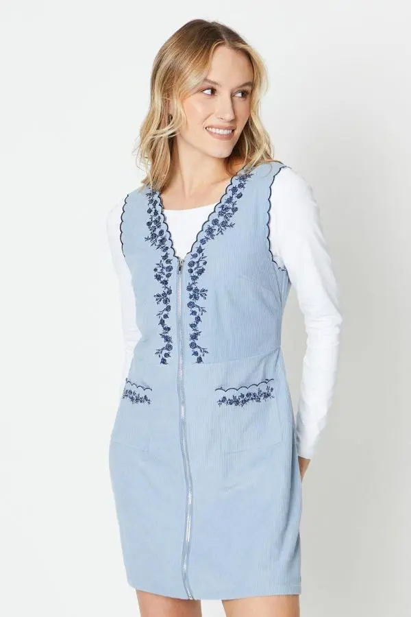 Cord Scallop Edge Embroidered Pinafore Dress