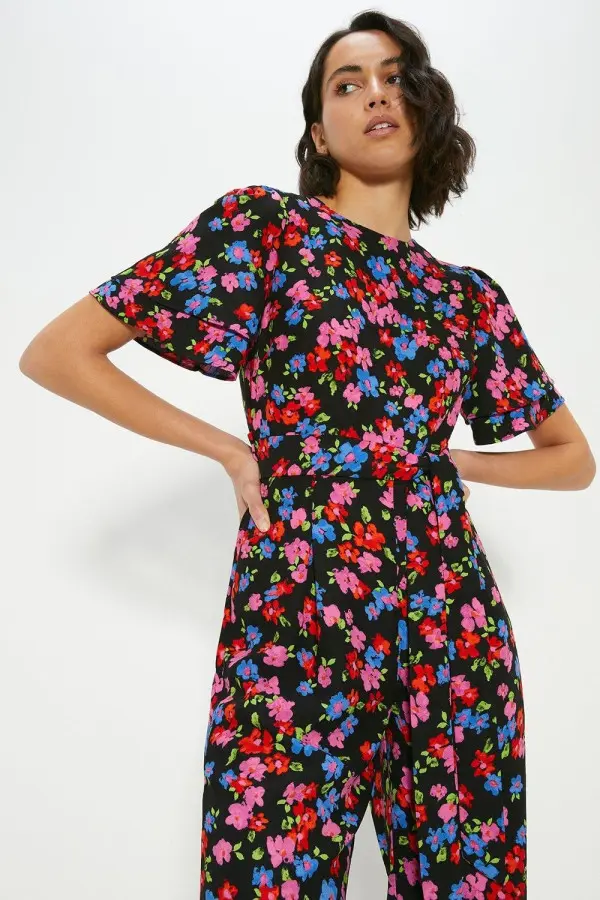 Floral Printed Crepe Belted Jumpsuit