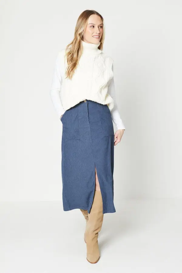 Cord Split Front Midi Skirt