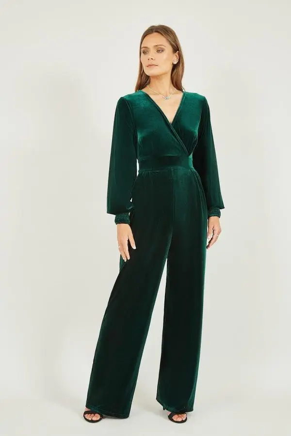 Green Velvet Long Sleeve Jumpsuit