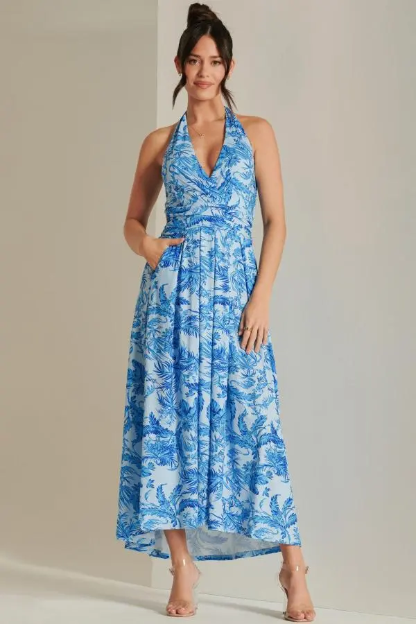 Plunge Neck Shirred Back Maxi Dress