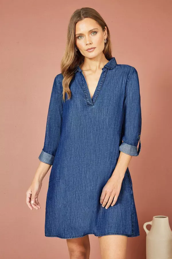 Blue Chambray Cotton Tunic With Pockets
