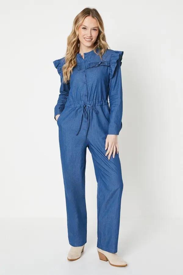 Chambray Ruffle Detail Drawstring Jumpsuit