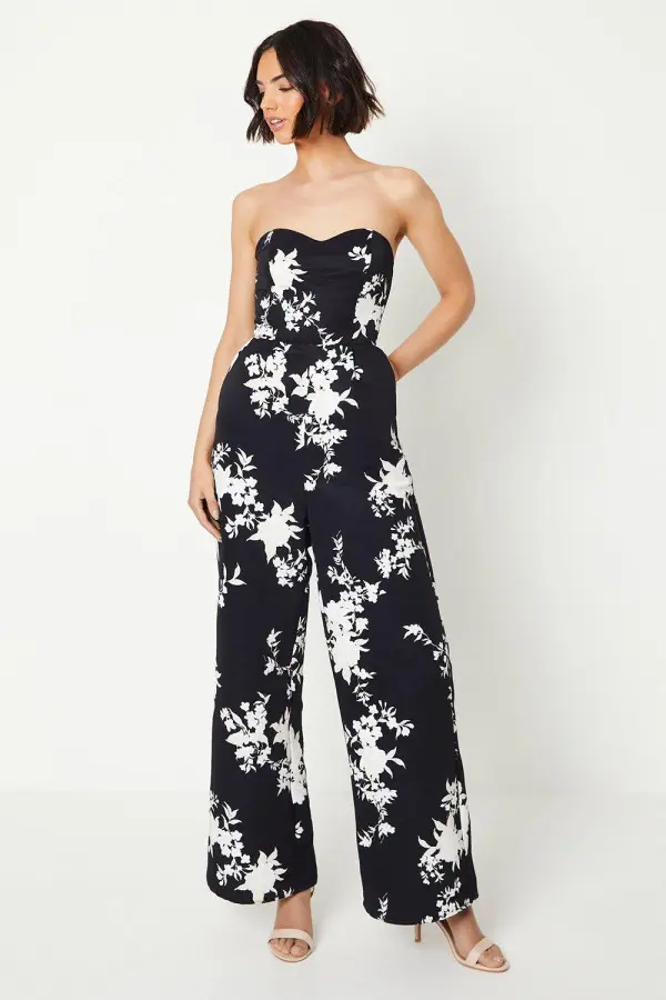 Floral Ottoman Wide Leg Bandeau Jumpsuit