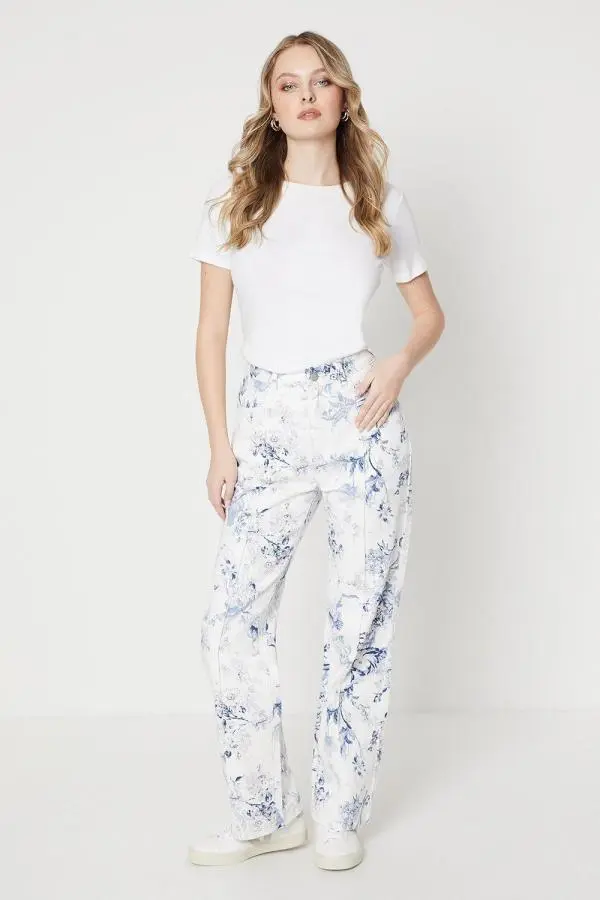 Blue Floral Printed Denim Straight Leg Jean