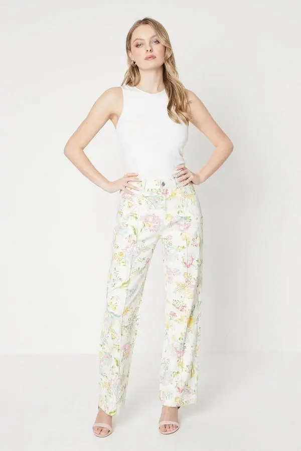 Multi Floral Printed Denim Straight Leg Jean