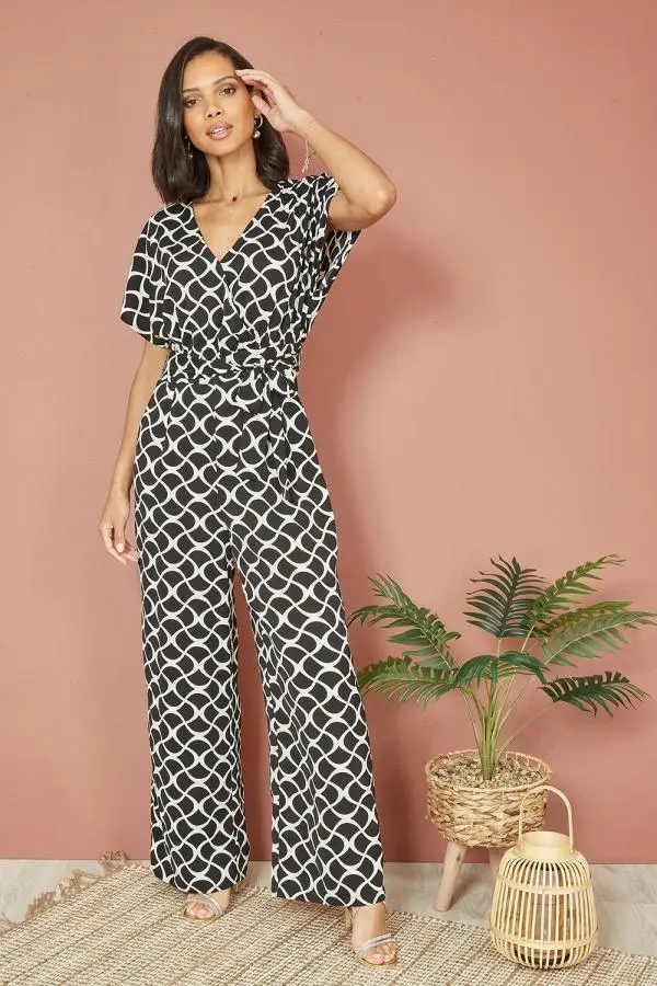 Black Geometric Print Wrap Jumpsuit