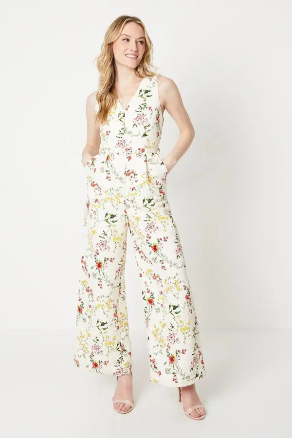 Ivory Floral Ottoman Twill Belted Wide Leg Jumpsuit
