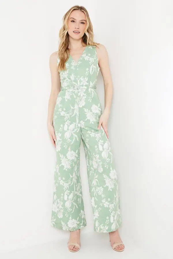 Sage Floral Ottoman Twill Belted Wide Leg Jumpsuit