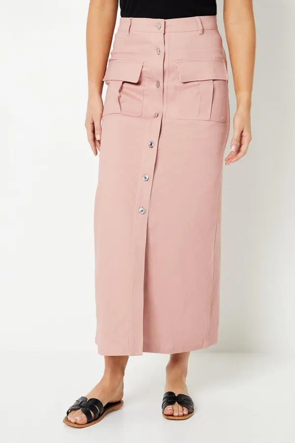 Twill Pocket Button Through Maxi Skirt