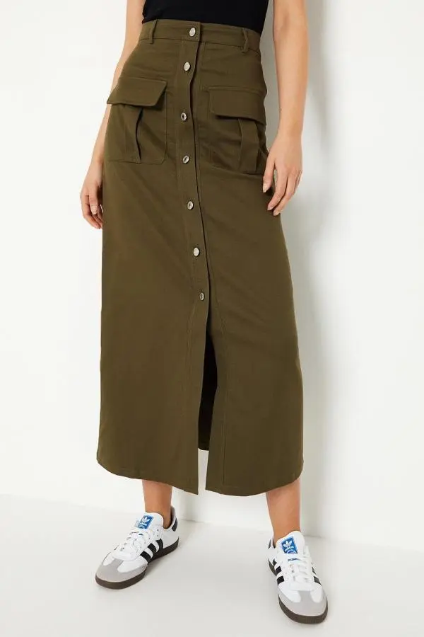 Twill Pocket Button Through Maxi Skirt