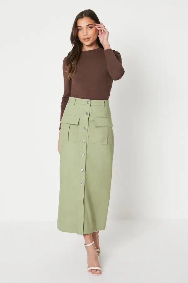 Petite Twill Pocket Button Through Maxi Skirt