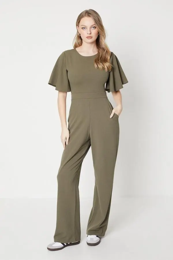 Scuba Crepe Flute Sleeve Wide Leg Jumpsuit