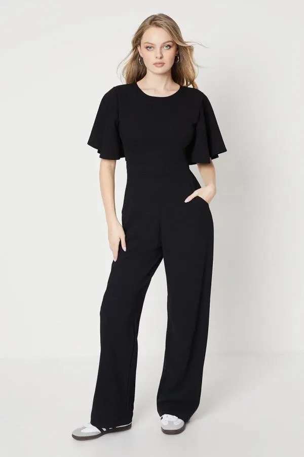 Scuba Crepe Flute Sleeve Wide Leg Jumpsuit