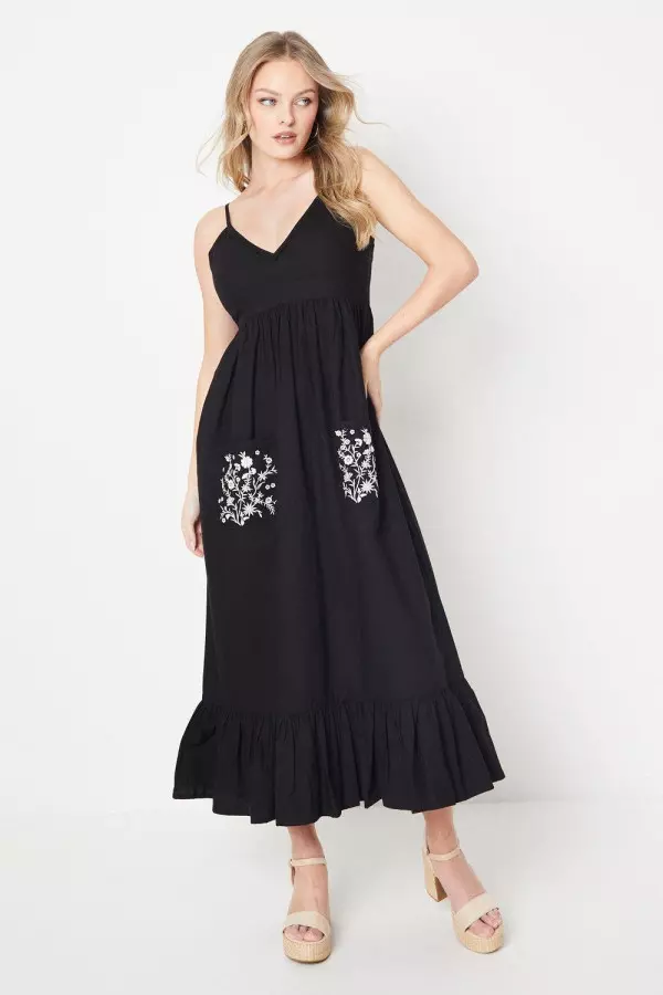Cotton Poplin Floral Embroidered Pocket Midi Dress