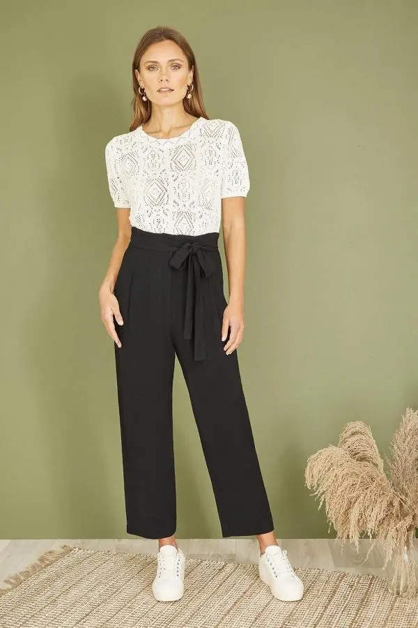 Black Linen Blend Tie Waist Trousers