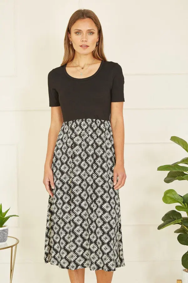 Black Jersey Stretch Top And Geo Skirt Midi Dress
