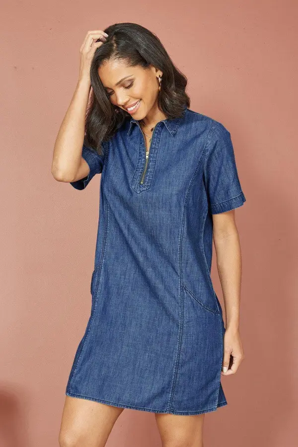 Blue Cotton Chambray Tunic With Zip Neckline