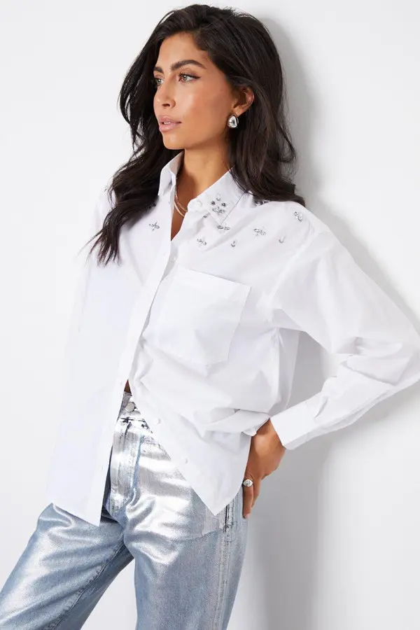 Cotton 'Embie' Embellished Loose Fit Long Sleeve Shirt