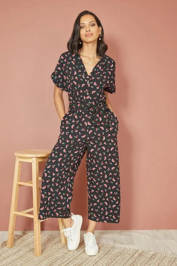 Black Recycled Watermelon Print Jumpsuit