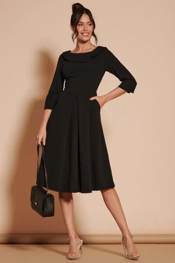 3/4 Sleeve Fold Neck Midi Dress