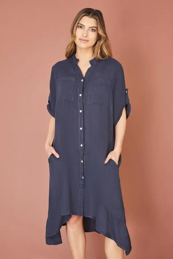 Navy Italian Linen Shirt Dress With Frill Hem